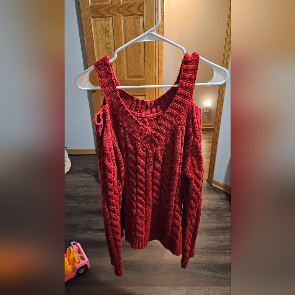 SHEIN Red Off-the-Shoulder Cable Knit Sweater
